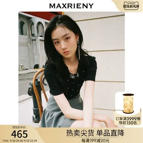 MAXRIENY黑色钉钻毛衫女春款泡泡袖镂空针织上衣商品大图