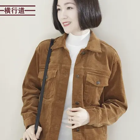 翻领灯芯绒小外套纯色宽松口袋2023年新款口袋休闲大码外穿长袖女商品大图