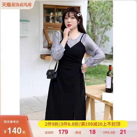 2023年秋季新款法式气质显瘦大码胖MM连衣裙高腰假两件吊带A字裙商品大图