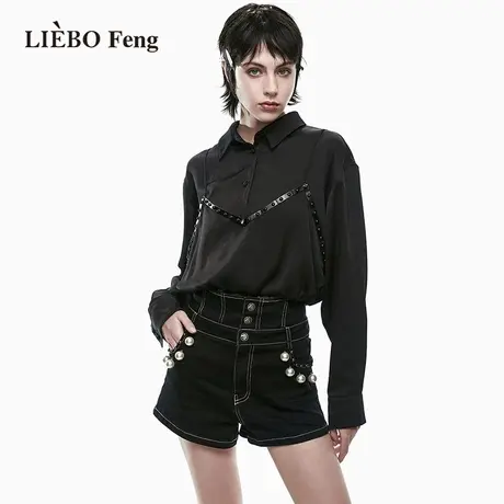 裂帛LIEBOFeng商场同款2023年春季新国潮甜酷铆钉黑色长袖衬衫女图片