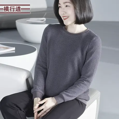 2023冬季新款纯色简约圆领宽松钩花宽松长袖T恤女装大码外穿上衣商品大图