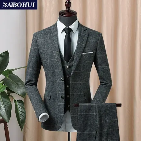 西服套装男士三件套修身韩版英伦复古格子西装时尚潮新郎结婚礼服图片