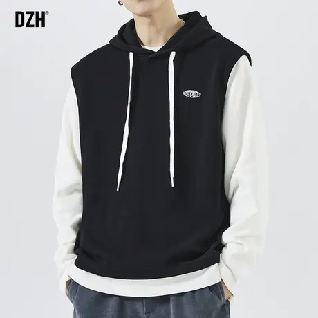 男生假两件卫衣男连帽潮牌秋款长袖上衣百搭宽松男装2023新款帽衫图片