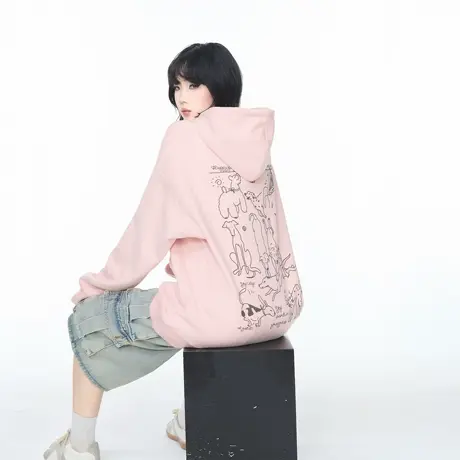 YEP粉色印花连帽卫衣外套女春秋2025新款oversize宽松套头上衣潮图片