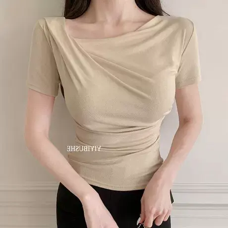 现货~OnoevZJ291超有女人味~魅力露锁骨褶皱显腰细短袖T恤商品大图