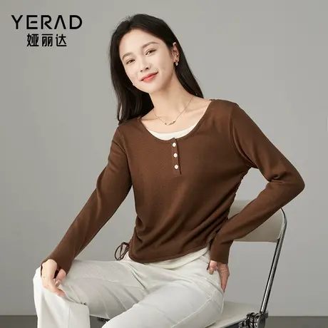 娅丽达设计感假两件针织衫女2025秋季新款打底衫抽绳小个子羊毛衫商品大图