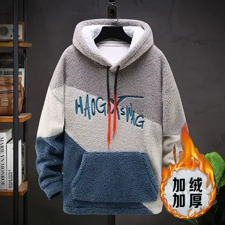 秋冬16青少年加绒加厚卫衣12男孩13岁胖大童14初中学生15岁羊羔绒商品大图