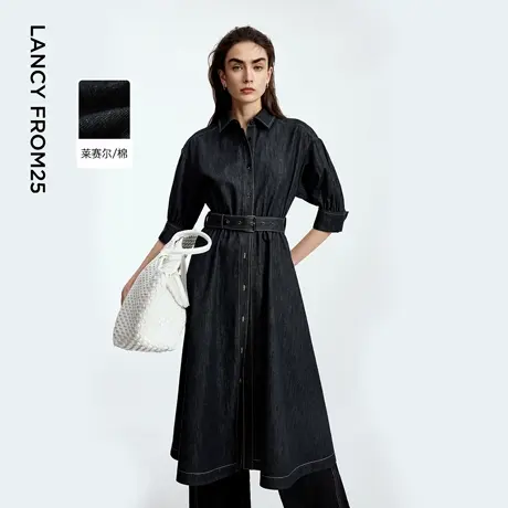 朗姿复古设计感牛仔A摆风衣连衣裙莱赛尔时尚裙子2025年秋季新款商品大图