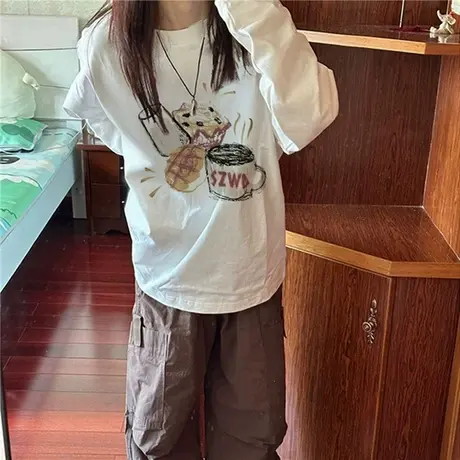 美式纯棉涂鸦正肩白色长袖t恤女秋冬季设计感内搭打底衫上衣春秋图片
