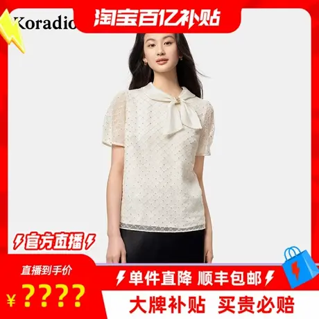 【百补穿搭馆】5年法式优雅蝴蝶结设计感系带领短袖网纱衬衫女士图片