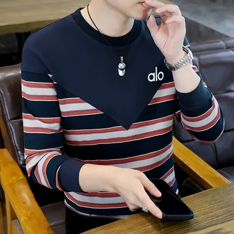 欧洲站拼接长袖T恤男士秋季潮流韩版圆领卫衣撞色条纹打底衫上衣图片