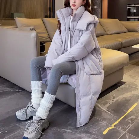 【防水】唐狮长款防水羽绒服女2024冬装新款宽松百搭韩版休闲外套商品大图