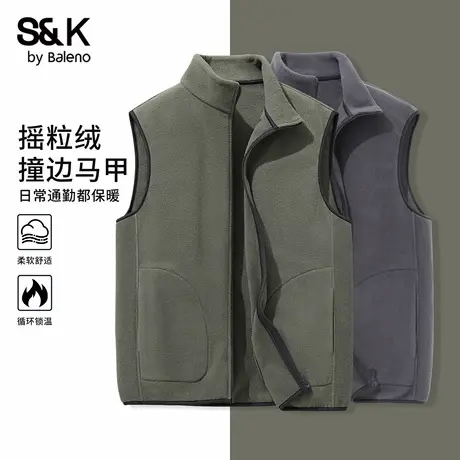 班尼路S&K墨绿色马甲男款冬季复古摇粒绒撞边上衣保暖加厚外套男商品大图