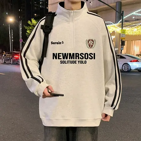 卫衣男春秋季2025新款美式复古三条杠半拉链立领上衣潮牌套头外套商品大图