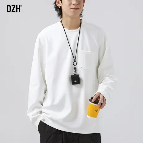 男士白色长袖t恤男春秋季潮牌男装2023新款简约休闲套头衫打底衫商品大图