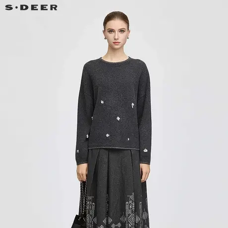 【好物体验专享】sdeer圣迪奥罗纹圆领复古钉珠宽松毛衣S25363504商品大图