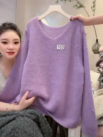 慵懒风软糯紫色毛衣女秋冬新款高级感爆款温柔针织套头衫百搭上衣图片