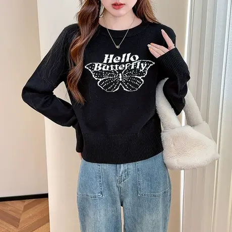 唐狮秋冬毛衣女趣味图案设计圆领套头春秋可外穿百搭上衣女装tu图片