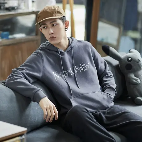 唐狮春秋冬季新款男士卫衣青少年连帽衫休闲蓝色长袖潮牌上衣TD图片