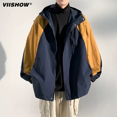 VIISHOW美式外套男士潮牌拼色冲锋衣秋季宽松百搭连帽休闲夹克男商品大图