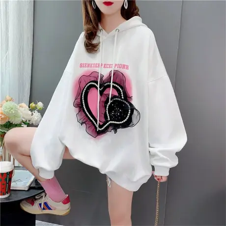 设计感网纱拼接爱心钉珠卫衣女秋季2022年新款韩版宽松中长款上衣商品大图