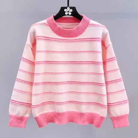 圆领撞色条纹毛衣女秋冬2023新款宽松时尚洋气套头长袖打底针织衫商品大图