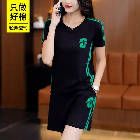 恋上17号短袖短裤纯棉运动套装女夏季2023新款时尚休闲妈妈跑步服商品大图