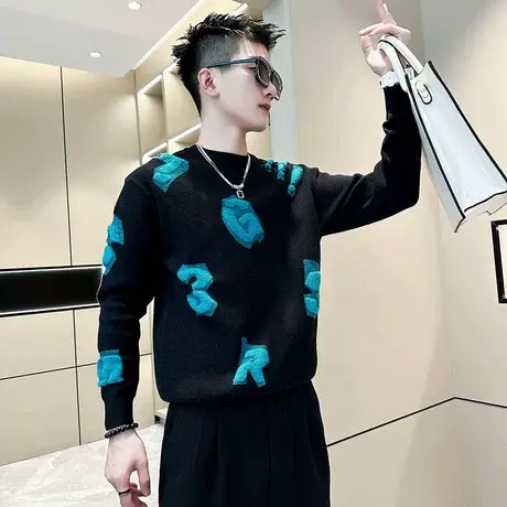 秋冬重磅潮牌个性字母刺绣毛衣男休闲宽松套头针织打底衫线衣体恤商品大图