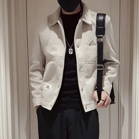 毛呢外套男秋冬个性潮牌小众刺绣设计感短款休闲夹克冬装呢子上衣商品大图