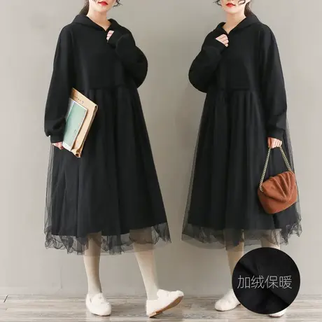 胖妹妹复古文艺连帽针织加绒打底裙加大码2022秋网纱拼接连衣裙商品大图