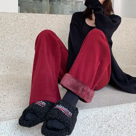 酒红色灯芯绒香蕉裤女冬季男友风阔腿裤加绒休闲雪尼尔慵懒风裤子商品大图