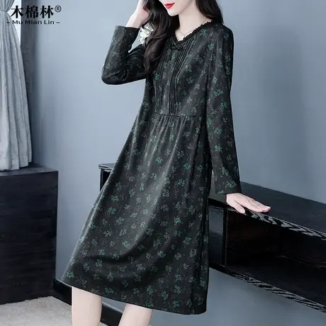 胖mm秋冬中长款韩版宽松加厚连衣裙大码碎花过膝显瘦气质时髦裙子商品大图