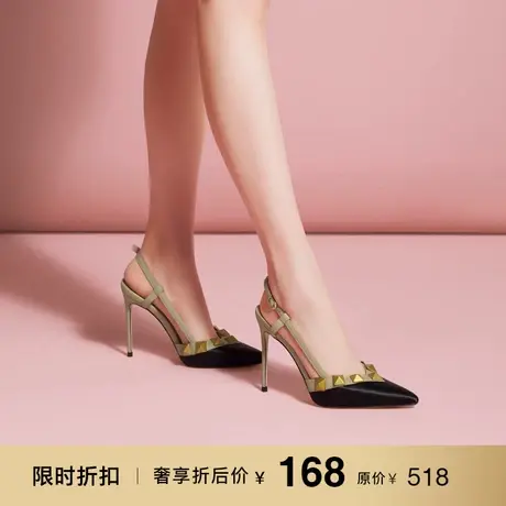 熙漫2023春夏新款时尚高跟鞋尖头细跟铆钉气质女鞋通勤上班族凉鞋商品大图