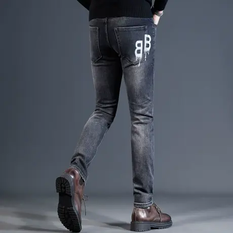 男士牛仔裤2023新款爆款修身小脚裤深灰色潮牌印花男士长裤秋冬款商品大图