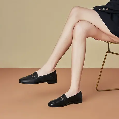 春夏季新款里外真皮低跟平底鞋女士气质舒适百搭小方头乐福单鞋女商品大图