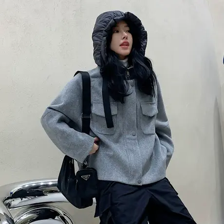 唐狮冬装毛呢外套女毛呢外套连帽拼接网红风ins潮韩版图片