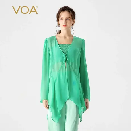 VOA桑蚕丝乔其春绿V领长袖系带褶皱尖角下摆宽松百搭短款真丝外套图片