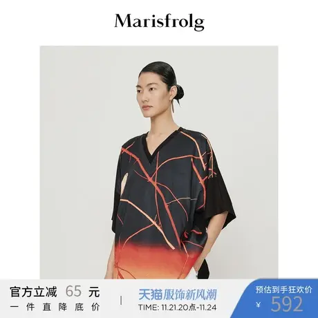 【商场同款】玛丝菲尔春季新款五分袖纯棉拼接花稿T恤上衣图片