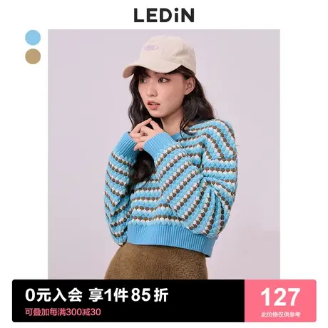 乐町撞色条纹针织衫女2023早春新款短款长袖内搭上衣俏皮可爱毛衣图片