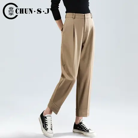 春装2024新款梨型身材裤子直筒裤女休闲西装裤卡其色小个子烟管裤商品大图