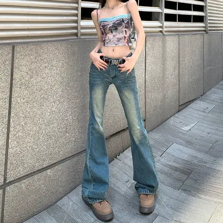 复古做旧微喇牛仔裤女春秋季高腰设计感修身显瘦辣妹拖地喇叭裤子商品大图