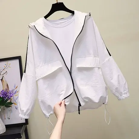 2023初春装新款大码女装运动休闲条纹长袖翻领宽松外套连帽风衣潮商品大图