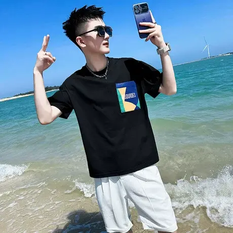 短袖t恤男2023夏季新款趣味口袋小众设计休闲ins潮男个性半袖上衣商品大图