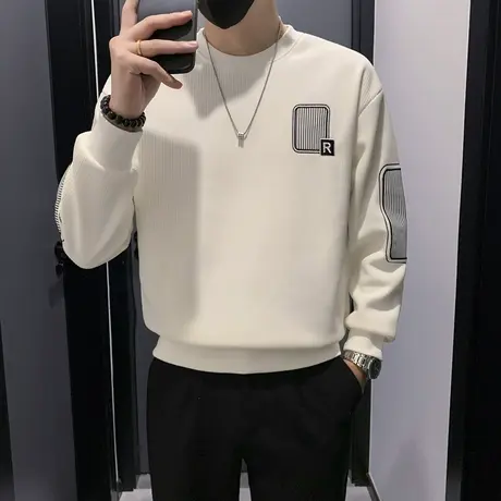 圆领卫衣潮牌秋冬个性拼接条纹刺绣设计感加绒保暖长袖打底上衣商品大图