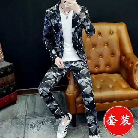 韩版个性印花小西装男士潮流秋装薄款男一套装修身帅气休闲小西服图片