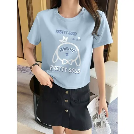 ZR真维斯蓝色短款t恤女2023新款夏季 圆领别致设计感正肩短袖纯棉图片