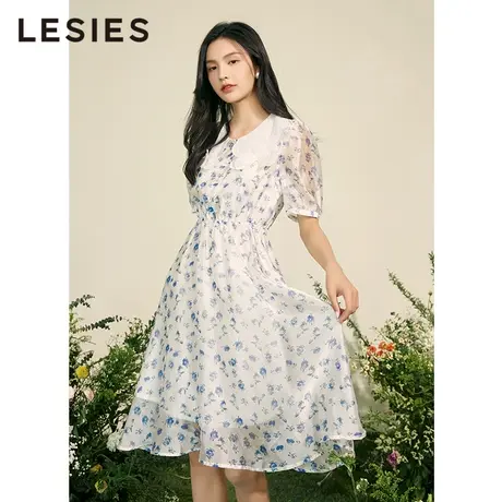 LESIES蓝色倾情春秋新款碎花裙子娃娃领收腰显瘦淑女短袖连衣裙图片