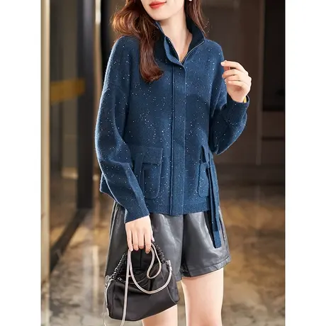 宝诗黎立领羊毛拉链针织开衫时尚宽松上衣2023秋季新款亮片短外套商品大图