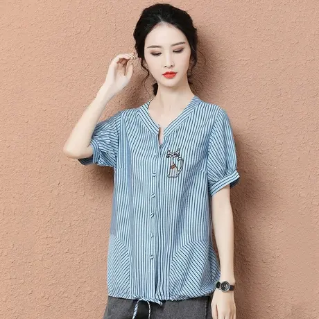 韩潮袭人2022夏季新款刺绣衬衫韩版设计感心机小众竖条纹衬衣图片