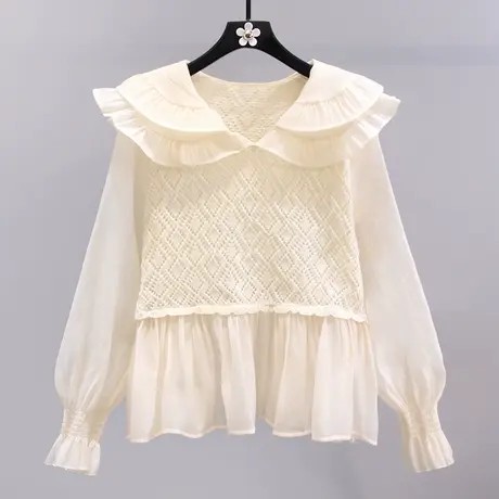 娃娃领荷叶边针织拼接雪纺衬衫女早秋2023新款宽松薄款长袖上衣图片